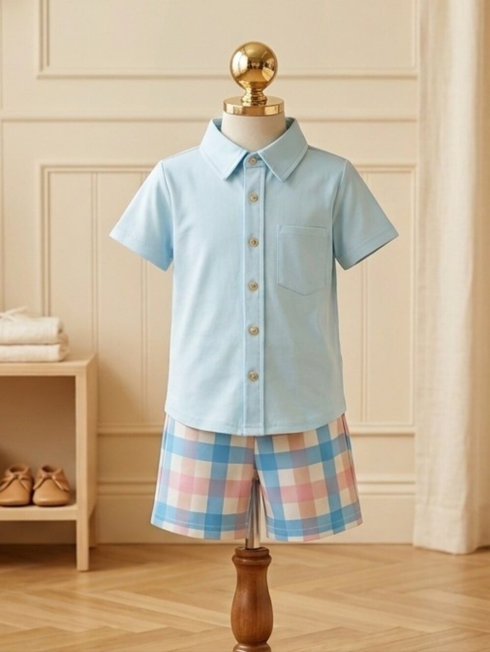 Millie Loves Lily Baby Blue Collared Shirt & Pastel Plaid Shorts Set | Sizes 4